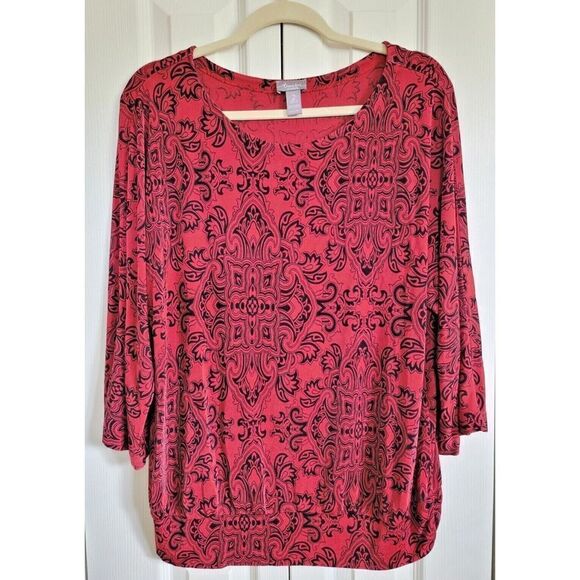 Chico's Travelers 2 Pullover Top Red/Black Abstract Print‎ Long Sleeves Stretch - Picture 1 of 4